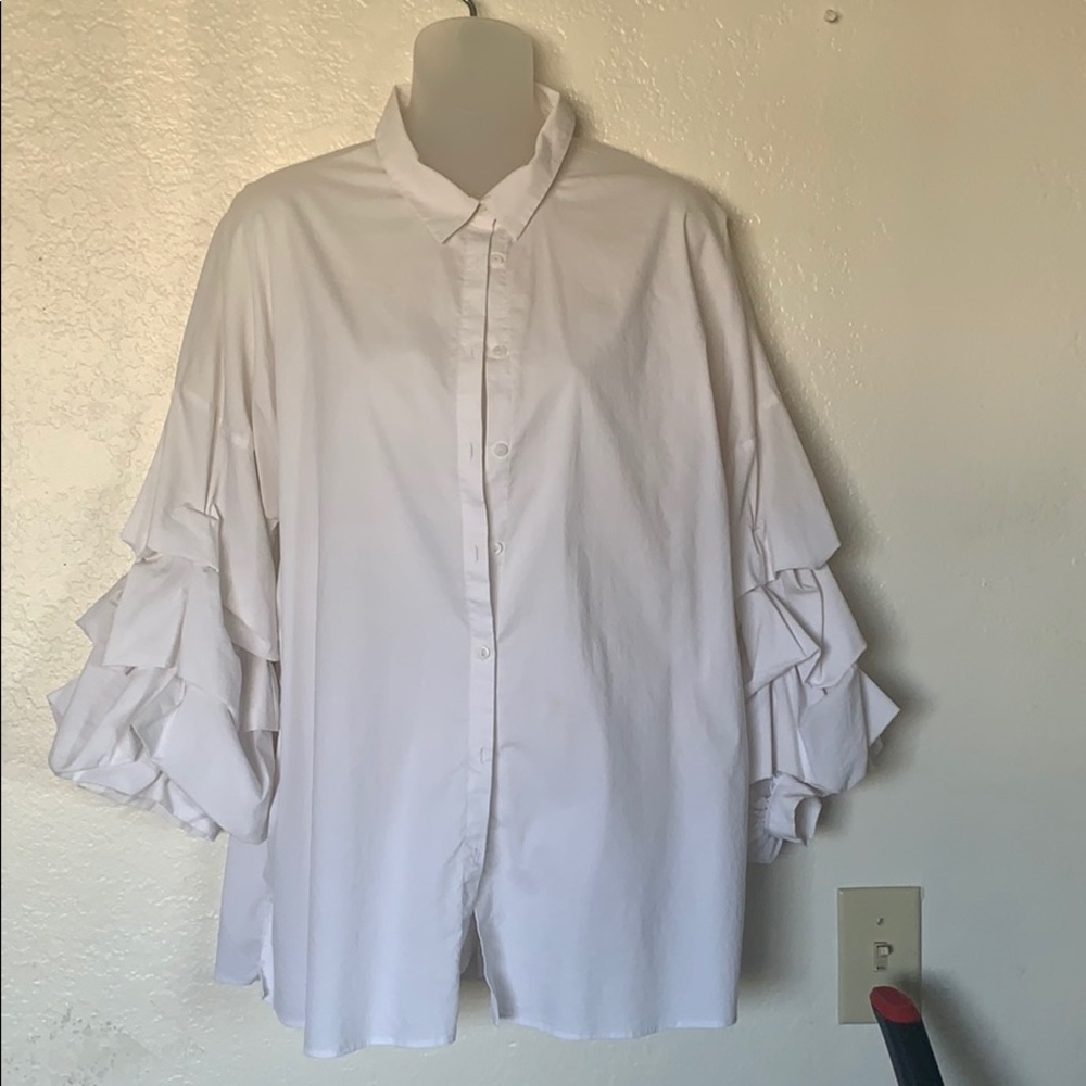 White button up ruffled sleeves